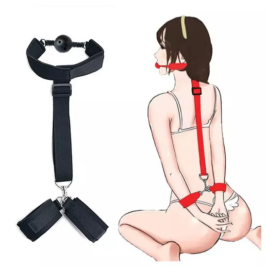 Bdsm Ball Mouth Gag with Leather Handcuffs Sm Kit Adult Sex Bondage for Couples 